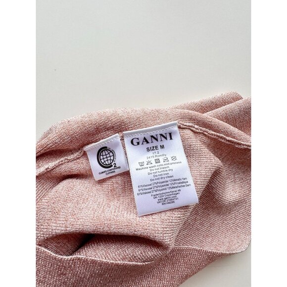 NWOT GANNI Romilly Pink Rose Metallic Knit Ruffle Cold Shoulder Blouse, Size M - Picture 10 of 12